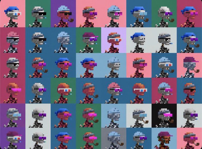 A pixel art grid displaying 40 variations of a character with different hat and visor color combinations against various colored backgrounds.