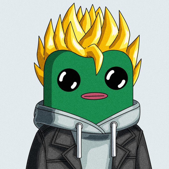 Cartoon drawing of a green character with spiky yellow hair wearing a gray hoodie.