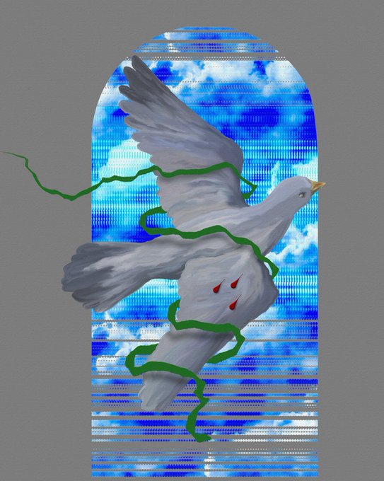 A digital artwork features a white seagull in flight with green thorny vines wrapped around its body and three red drops on its chest, set against an arched sky backdrop.