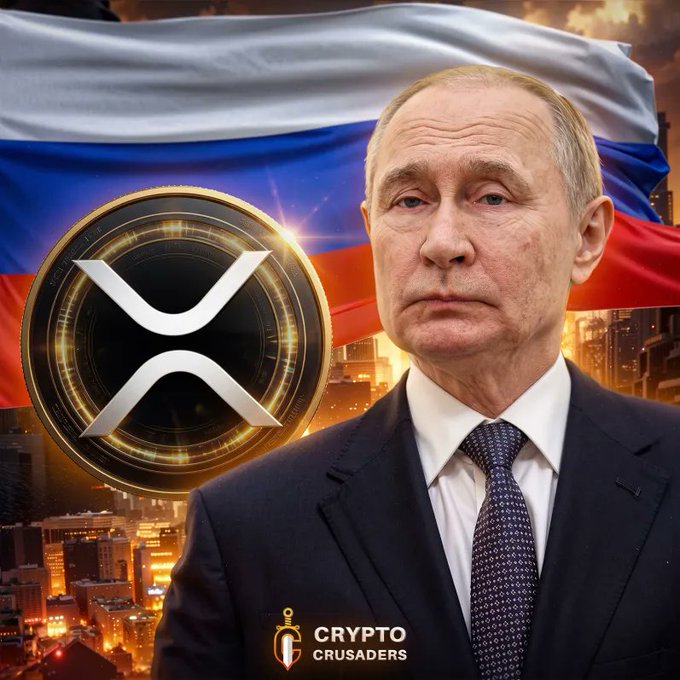 The image depicts Vladimir Putin in front of the Russian flag with the XRP cryptocurrency logo and the "Crypto Crusaders" text, visually tying the news of Alfa Bank testing crypto services to Russian involvement and the potential rise of XRP.