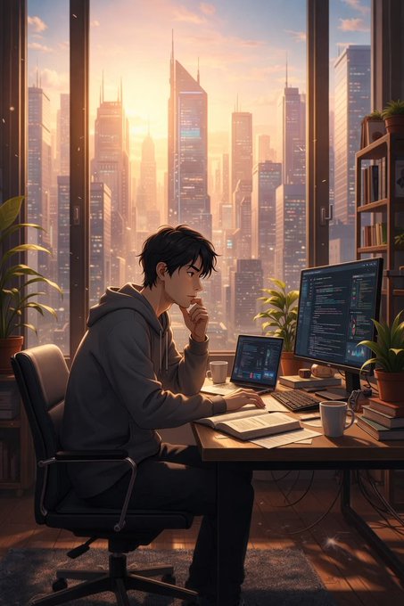 An anime-style illustration of a young man coding at a desk with dual monitors, overlooking a sunlit futuristic city skyline.