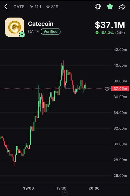 A cryptocurrency trading chart for Catecoin (CATE), verified token, showing a market cap of $37.1M with a 158.3% gain in 24 hours, and a current price of 37.06m.