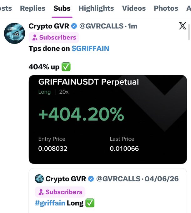 A Twitter post by Crypto GVR (@GVRCALLS) showcases a winning long position on $GRIFFAINUSDT Perpetual with 20x leverage, showing a +404.20% gain from an entry price of 0.008032 to a last price of 0.010066, celebrating "404% up" for their subscribers as part of Trade 770 with no losing trades in July.
