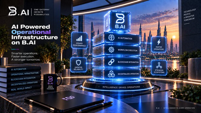 A futuristic promotional graphic for 'B.AI' advertising 'AI Powered Operational Infrastructure' with glowing blue cubes listing features like 'AI AUTOMATION', 'WORKFLOW EXECUTION', 'BLOCKCHAIN INTEGRATION', and 'DECENTRALIZED OPERATIONS' against a city skyline.