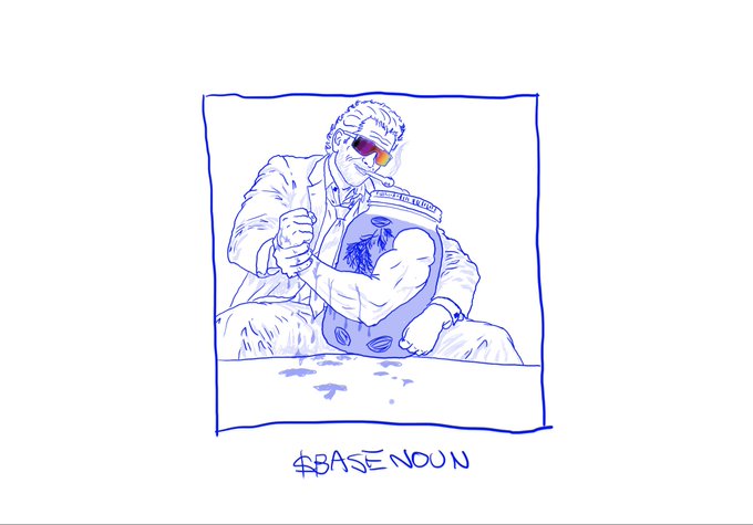 A blue-line sketch illustration of a muscular figure with orange sunglasses triumphantly holding a jar filled with brains, captioned "$BASENOUN" at the bottom.