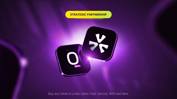 A promotional graphic with a vibrant purple background featuring two overlapping black app icons—one displaying "Q" and the other showing an asterisk-like symbol—under a yellow "STRATEGIC PARTNERSHIP" banner, with the tagline "Buy any token in a few clicks. Fast. Secure. With low fees." at the bottom. The image visually represents UXLINK's announced partnership with QwertiAI, highlighting their collaboration to merge social ecosystem capabilities with AI-powered DeFAI infrastructure for streamlined onchain access.