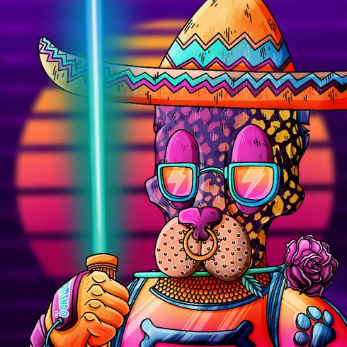 The image features a cartoon dog wearing a sombrero hat with a pink and blue patterned bandana, sunglasses, and holding a sword. The background of the image has a gradient effect that transitions from purple at the top to orange at the bottom. The caption below the image reads "Gm Pittz, it'S that time of the week again...#WoofWoofWednesday Today I want to celebrate our Vice Pittz collection, so get your Vice Pittz out in the comments $egld".