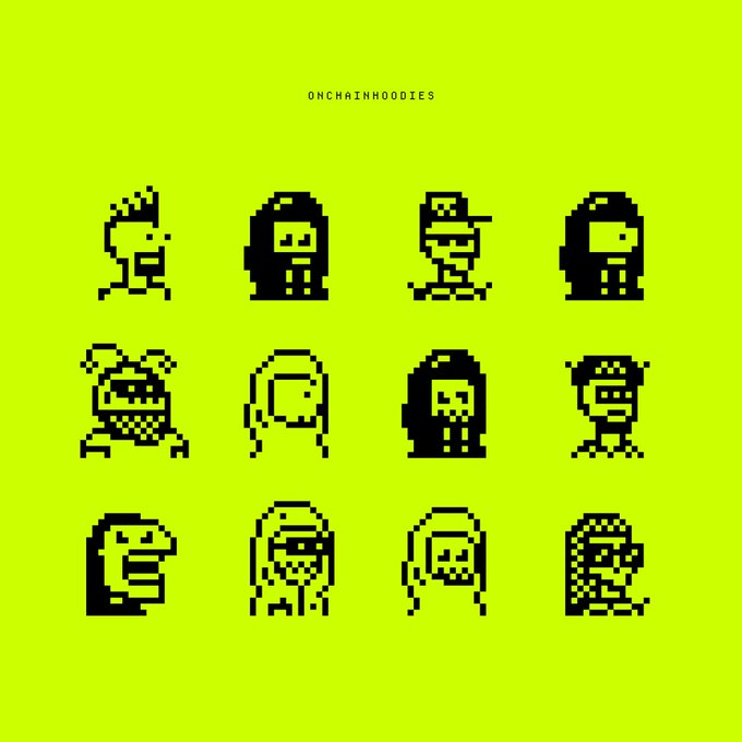 A grid of 12 pixel-art hooded character icons from the OnchainHoodies NFT collection displayed on a bright green background.