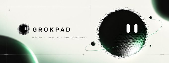Promotional banner for 'GROKPAD' with tagline 'AI AGENTS - LIVE VOTING - SIMULATED TREASURIES' set against a space-themed background with planets.