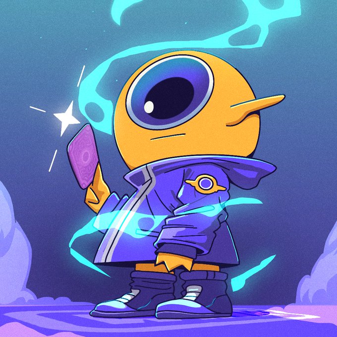 A cartoon illustration of a yellow one-eyed alien character wearing a blue jacket and holding a pink card with a glowing star, surrounded by turquoise energy flames.