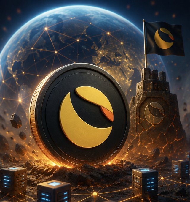 A large golden and black coin featuring a crescent-shaped logo stands prominently on a rocky surface, with a dark flag bearing the same crescent emblem flying beside a fortress in the background, all set against a glowing Earth-like planet connected by a network of light. Server-like cubes and floating debris surround the scene, visually reinforcing the post's promotion of $LUNC (Terra Classic) as a globally significant cryptocurrency project.
