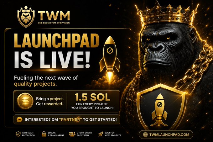 A promotional graphic for 'TWM Launchpad' featuring a gorilla wearing a gold crown, with text 'LAUNCHPAD IS LIVE!' and '1.5 SOL FOR EVERY PROJECT YOU BROUGHT TO LAUNCH!'.
