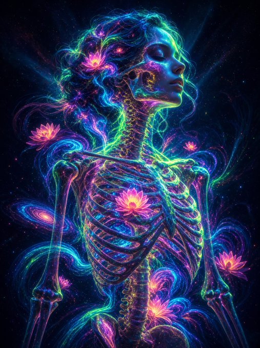 A vibrant, psychedelic digital illustration of a skeleton-like female figure glowing with neon colors, surrounded by floating pink lotuses and swirling cosmic energy against a dark background.