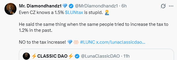 A tweet from @MrDiamondhandz1 criticizes a 1.5% $LUNC tax as "stupid," claiming even CZ agrees and that the same people previously tried to raise it to 1.2%—though this contradicts his own LUNCLIVE Validator project, which taxes its transactions at the same rate he denounces.