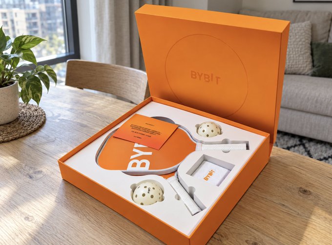 An orange 'BYBIT' branded gift box opened on a wooden table, revealing contents including ping pong paddles and balls.