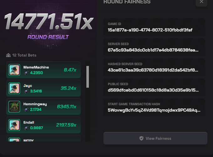 A crash gambling round result on Spumpio showing a 14,771.51x multiplier payout, with betters like Hemmingway winning 6,345.11x and Endall winning 2,197.59x, alongside round fairness verification details including game ID 15a1877a-a190-4774-8072-510fbbdf3faf and provably fair server seeds.