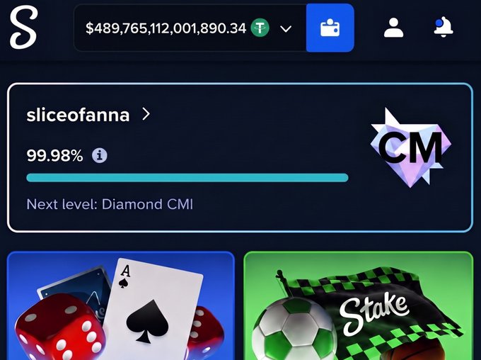 A screenshot from Stake casino showing user "sliceofanna" at 99.98% progress toward Diamond CMI status with a balance of $489,765,112,001,890.34, likely shared to promote a betting tip giveaway for followers. The post encourages users to drop their Stake usernames to participate, while the image showcases impressive VIP progress to entice engagement.