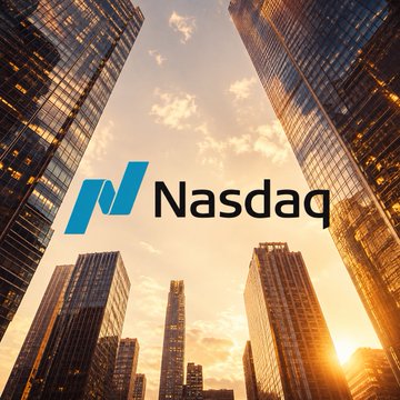 The image displays the Nasdaq logo against a backdrop of skyscrapers at sunset, visually tying into the accompanying post about Nasdaq PHLX's proposed bitcoin index options facing an SEC hold following CME Group's petition for review.