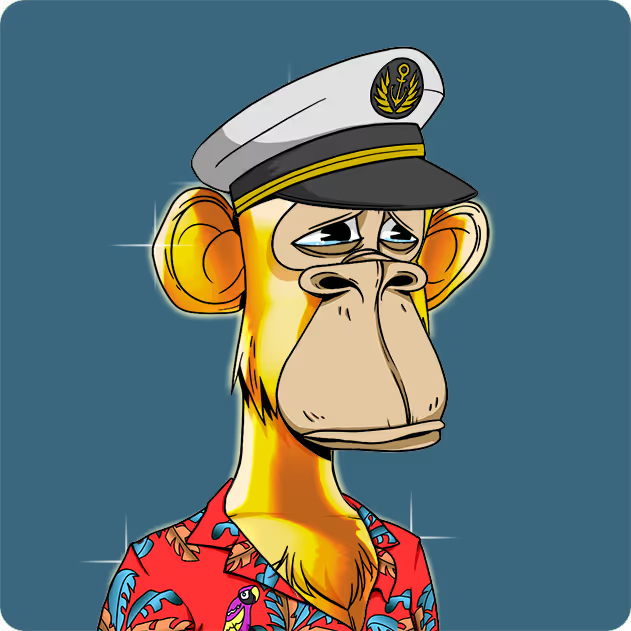 A cartoon illustration of a Bored Ape-style monkey character wearing a white captain's hat with a black band and a red Hawaiian shirt, set against a blue-gray background.