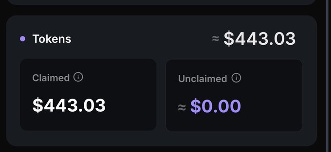 A dark dashboard panel labeled “Tokens” shows “≈ $443.03,” with “Claimed” at “$443.03” and “Unclaimed” at “≈ $0.00.”
