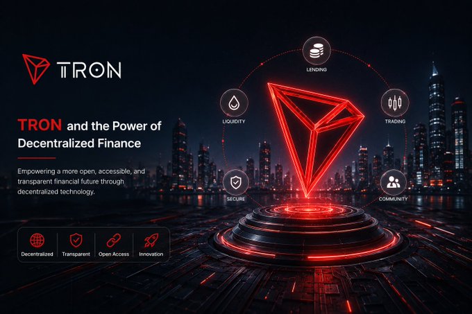 A promotional banner for 'TRON and the Power of Decentralized Finance' highlights features like Lending, Liquidity, Trading, Secure, and Community against a glowing red TRON logo.