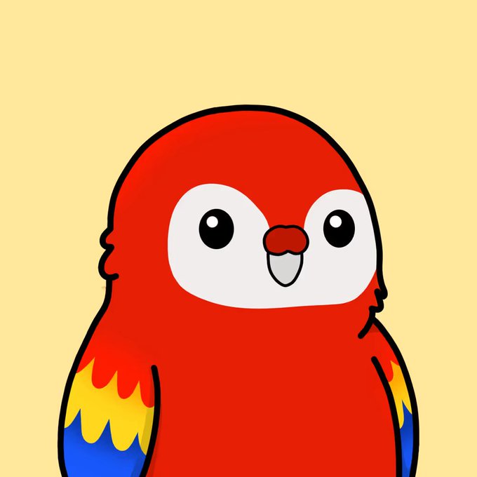 A cute cartoon illustration of a red parrot with yellow and blue wing tips, featuring large expressive eyes and a small smiling beak against a pale yellow background.