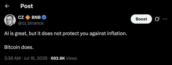 The image shows a tweet from CZ Binance (@cz_binance) posted at 3:38 AM on July 16, 2026, with 693.8K views, stating: "AI is great, but it does not protect you against inflation. Bitcoin does." The post features a "Boost" button in the top right and visually represents CZ's viral statement endorsing Bitcoin as an inflation hedge over AI, aligning directly with the accompanying caption about his Bitcoin endorsement.
