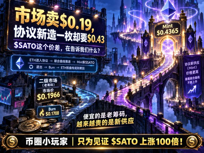 A Chinese promotional graphic about $SATO token economics, showing market sell at $0.19, protocol minting new coins at $0.43, with text explaining the price difference and a banner reading 'Coin circle small players only to witness $SATO rising 100x'.