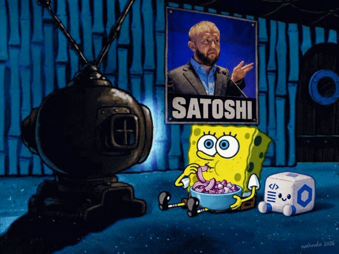 A digital artwork depicts a SpongeBob SquarePants scene set in a SpongeBob-themed room, featuring a vintage TV, a poster labeled 'SATOSHI' showing a man in a suit, SpongeBob eating from a bowl, and a character holding a cube device with a chain logo.