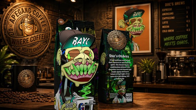 Promotional image for 'Apegang Coffee' with tagline 'Where Coffee Meets Chaos,' featuring green and black packaging branded 'BAY' with a zombie ape graphic, displayed in a coffee shop setting with a menu board listing Espresso, Americano, Cappuccino, Latte, Mocha, and Cold Brew.