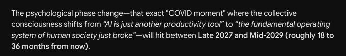 Text on a dark background discussing a psychological phase change regarding AI's role in society, predicting it will hit between late 2027 and mid-2029.