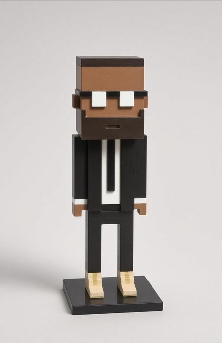 A wooden block figure of a Minecraft villager character stands on a black base, featuring a brown hat, beard, dark robe, and tan shoes.