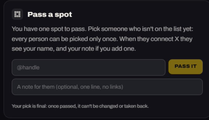 A "Pass a spot" form interface for picking a winner of a 3-hour X (Twitter) giveaway for @FungoLabs, where the user enters a @handle and optional one-line note to award the spot, with a warning that the pick is final once passed.