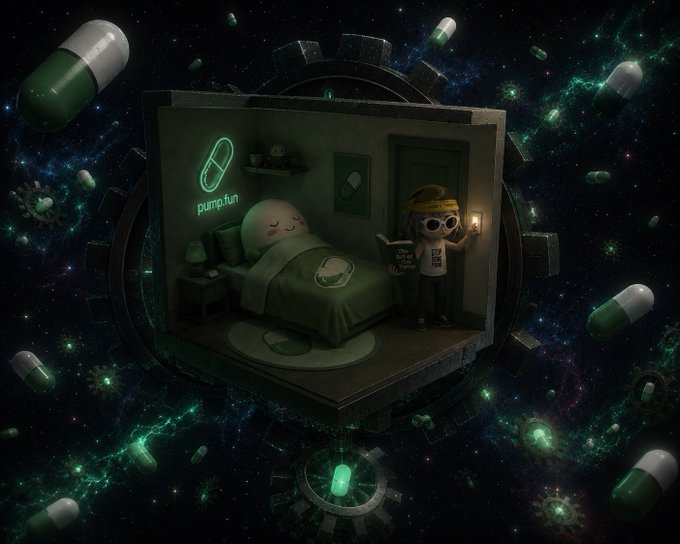 A small bedroom floats in a cosmic, capsule-filled void where a character wearing a "Pump.Fun" shirt reads by candlelight beside a sleeping cloud-like figure, with a glowing neon "pump.fun" sign on the wall. The whimsical scene evokes a tranquil bedtime moment for crypto mascots, matching the post's calm "good night's rest" theme.
