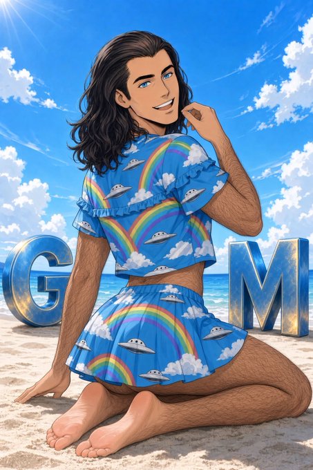 The image shows a stylized illustrated character with long dark hair wearing a matching blue outfit printed with rainbows, clouds, and UFOs, kneeling on a sandy beach with large "GM" letters in the background. The "GM" text directly references the post's "GM" greeting (meaning "Good Morning"), playfully tying the sunny, vibrant scene to the weekend message.