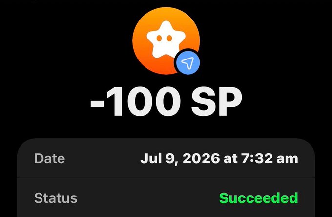 A screenshot showing a deduction of "-100 SP" dated July 9, 2026, with a "Succeeded" status, likely representing a cost or fee associated with the free airdrop verification process.