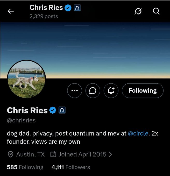 Twitter profile page for Chris Ries (@chrisries), a 'dog dad' based in Austin, TX, with a profile picture of a white dog and the banner text 'Views are my own'.