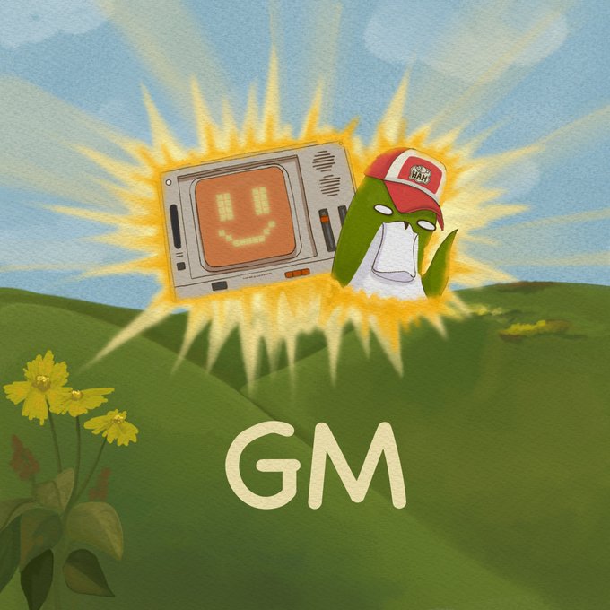 A cartoon illustration of a green character wearing a red 'HAM' cap next to a retro computer displaying a smiley face, both surrounded by a glowing yellow aura over green hills with flowers and the text 'GM' (Good Morning).