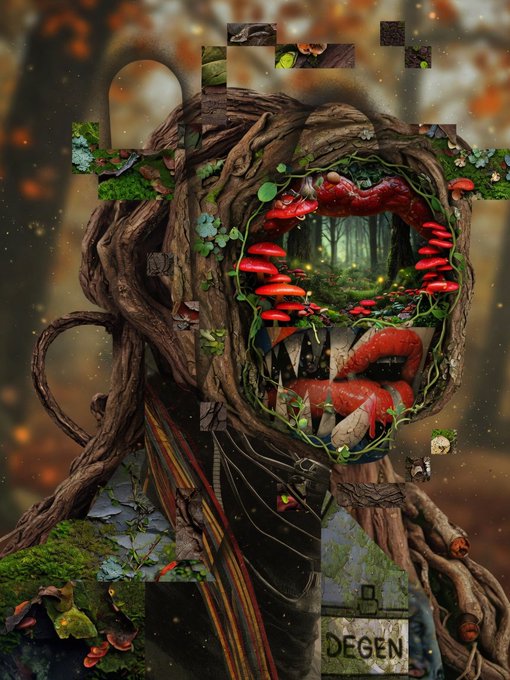 A surreal digital artwork depicting a large, gnarled tree trunk with a face formed by red mushrooms, teeth, and lips, surrounded by floating square fragments of imagery and the word 'DEGEN' at the bottom.