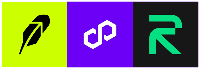 The image shows three logos side by side: Robinhood's feather logo on a lime green background, Polygon (MATIC)'s hexagon logo on a purple background, and another stylized "R" logo on a black background—visually highlighting the networks discussed in the July fees rankings post, particularly featuring Robinhood Crypto as a newcomer with $77.1M in fees generated.