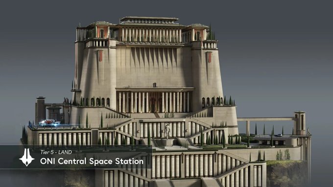 A grand tiered structure labeled "Tier 5 - LAND" and "ONI Central Space Station" sits atop a rocky outcrop with sleek vehicles and greenery dotting its terraces, evoking prime luxury real estate. The imposing architecture and "Bull market vibes" caption suggest a bullish opportunity in high-tier digital land investment.