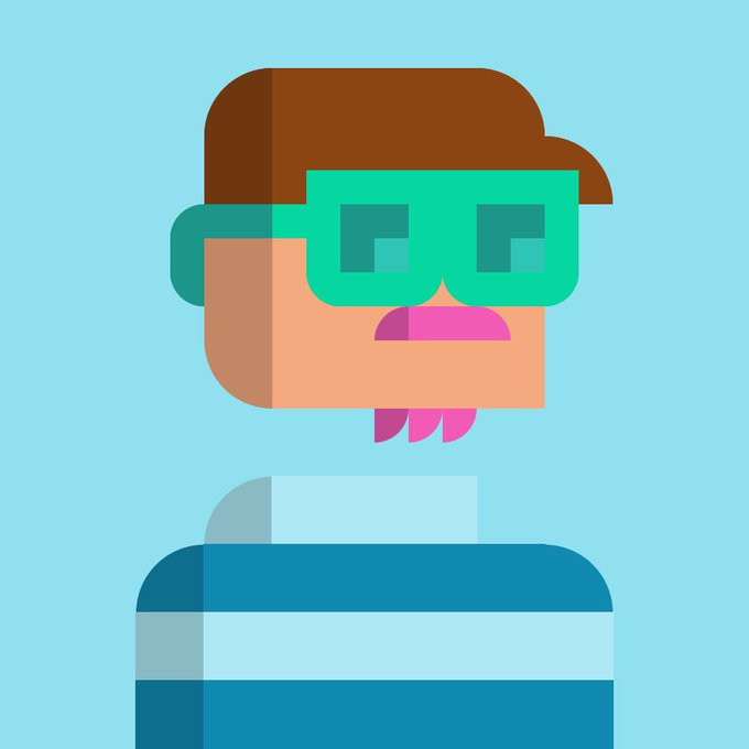A flat-style digital illustration of a person with brown hair, green glasses, and a pink mustache, wearing a blue and white striped shirt against a light blue background.