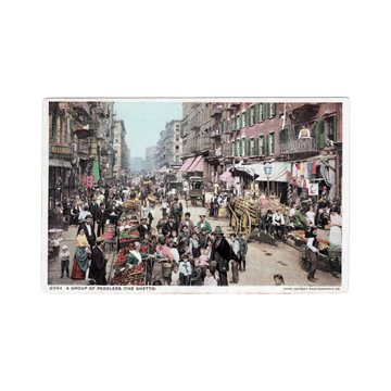 Vintage color postcard titled '3534. A GROUP OF PEDLERS (THE GHETTO)' showing a crowded street scene.