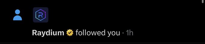 A dark-themed notification screen showing that 'Raydium' followed the user 1 hour ago, with blue Raydium icon.