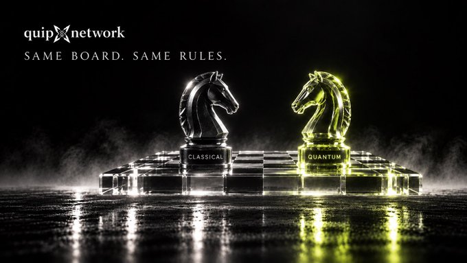 A promotional graphic for 'quip network' featuring two chess knight pieces—one black labeled 'CLASSICAL' and one glowing yellow labeled 'QUANTUM'—facing each other on a wet reflective floor, accompanied by the text 'SAME BOARD. SAME RULES.'
