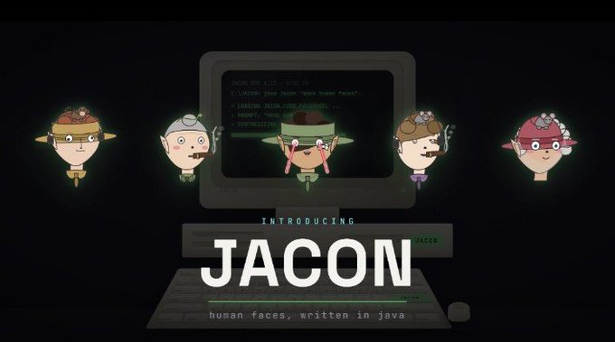 The image is a promotional graphic introducing "JACON," featuring six pixel-art character heads with various hats displayed across a retro computer monitor and keyboard against a black background. Text on the screen reads "INTRODUCING JACON - human faces, written in java," matching the post's announcement of a giveaway for Jacon Lab's first human faces created in Java for their upcoming mint on Robinhood Crypto.
