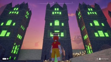 A screenshot from a video game showing three tall, dark gothic towers with glowing green windows against a purple sky, with a player character standing in the foreground and another character floating above.