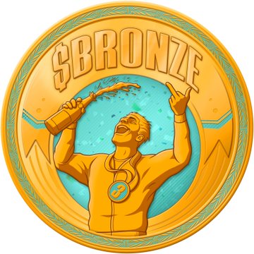 A bronze-colored digital illustration of a man celebrating with a bottle in a circular badge labeled "BRONZE".