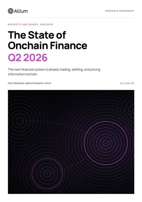 The image is the cover page of a research report titled "The State of Onchain Finance Q2 2026" by Allium (ALLIUM.SO), authored by Elton Shehuhula, Head of Research, with the tagline "The next financial system is already trading, settling, and pricing information onchain."

The cover page itself does not display specific data about TRON or stablecoin payment volumes, but it sets the institutional context for the post's claim about TRON processing nearly 90% of stablecoin payment volume, framing this milestone within Allium's broader onchain finance research.