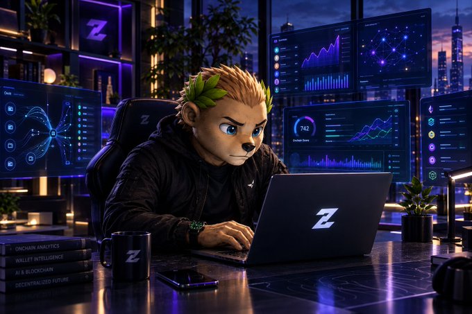 A 3D-style illustration of an anthropomorphic lion character with a laurel wreath, wearing a dark hoodie and working on a Z-branded laptop in a high-tech office with multiple monitors displaying blockchain analytics and charts.